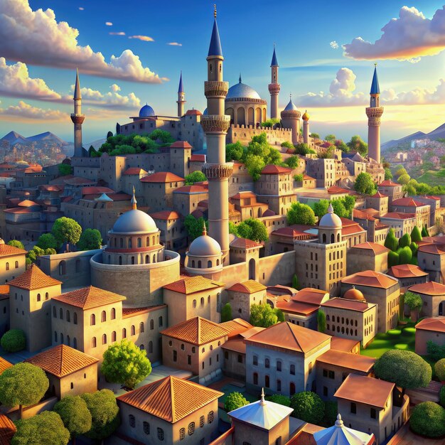 An Animated Cityscape of Sunemrz With Tall Minarets and Domes at Sunset Generative AI