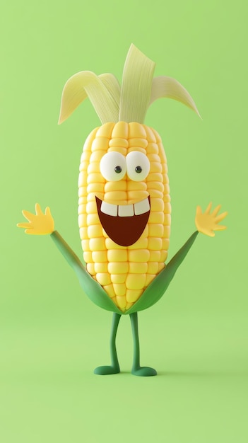 Animated corn character with open arms against a bright green backdrop