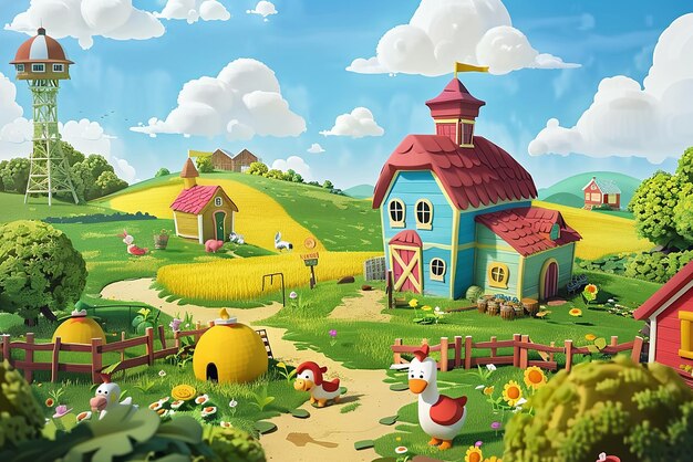 Photo animated farm with colorful barns lively animals and activities