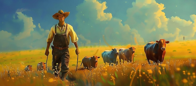 Animated farmer leading cattle vibrant field