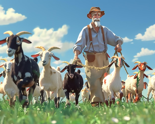 Animated farmer leading goats vibrant pasture