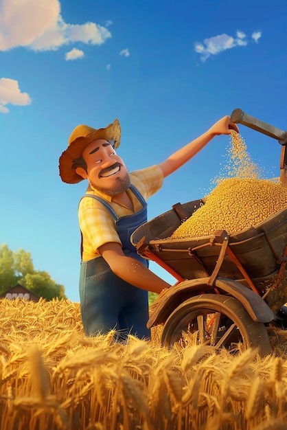 Photo animated farmer loading grain onto cart vibrant