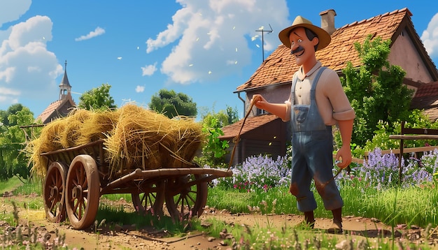 Photo animated farmer with hay cart rustic scene