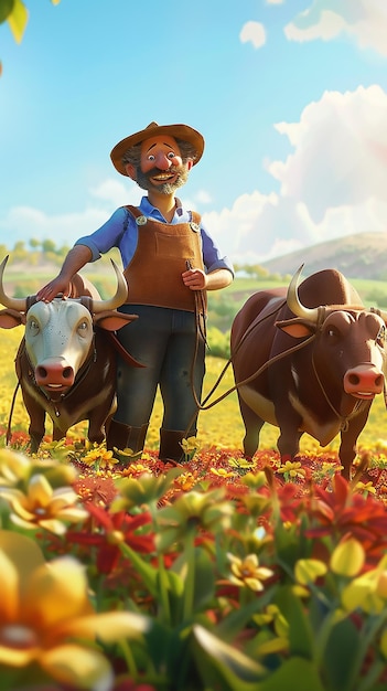 Animated farmer with oxen vibrant field