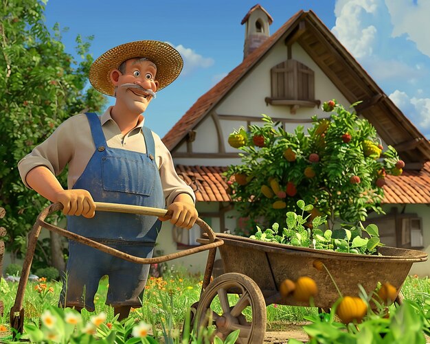 Photo animated farmer with wheelbarrow rustic scene