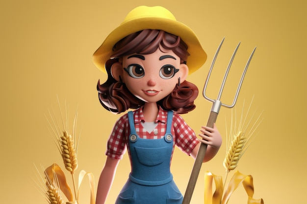 Animated Female Farmer With Pitchfork and Wavy Brown Hair