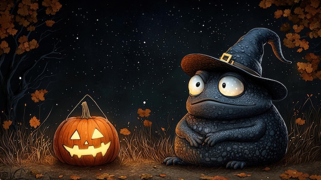 Animated frog in a witch hat next to a carved pumpkin Halloween theme