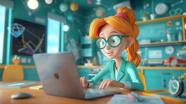 Photo animated girl studying on laptop in colorful room