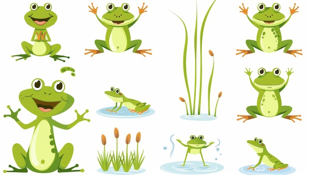 Photo animated green cartoon frogs jumping in water with reeds wild neoteric modern slimy creatures