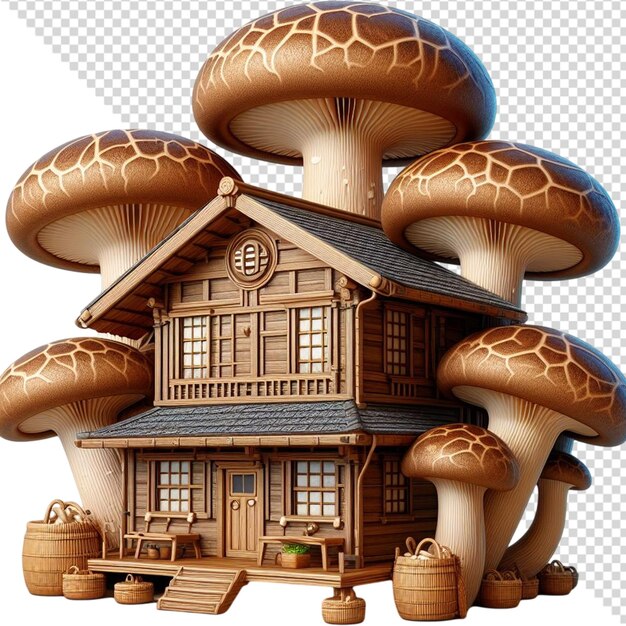 Animated illustrated cartoon mushroom house with hut