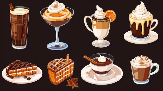 Photo animated illustration of sweet cheese cake caramel waffles cinnamon latte and cocoa in glass cups autumn menu in cafe with pumpkin spice drink