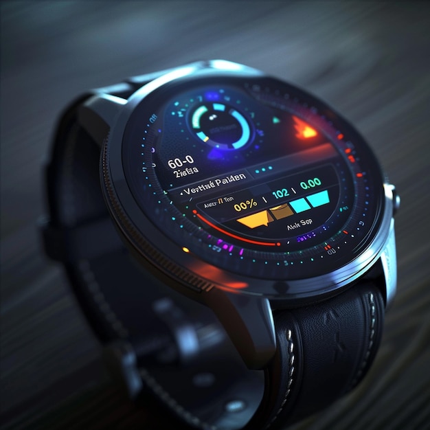 An animated interface for a smart watch showing notifications and health stats