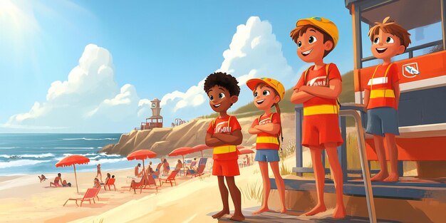 Photo animated kids as lifeguards watching over a beach scene