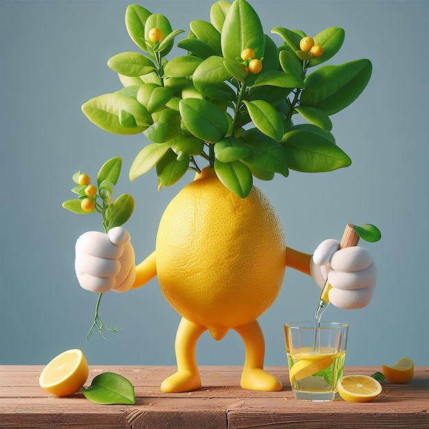 Animated lemon holding plant still life