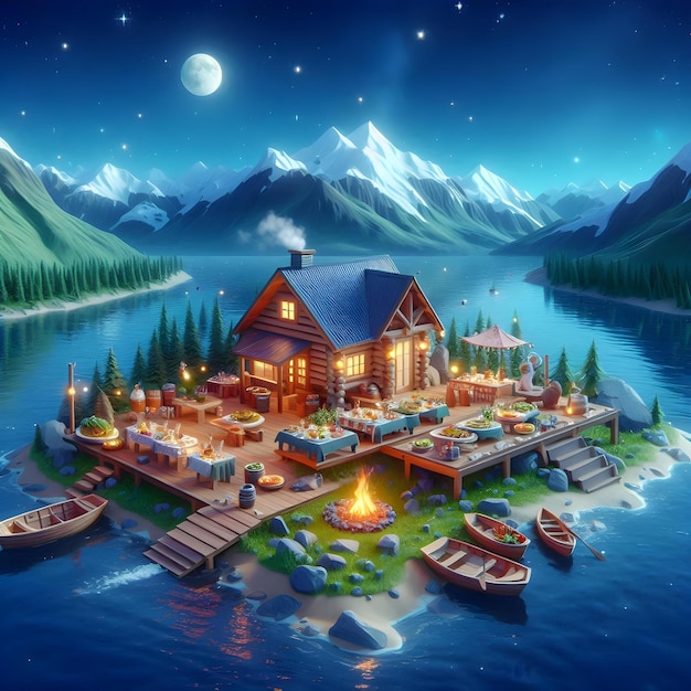 Animated Mountain Retreat with Food and Starry Night Sky