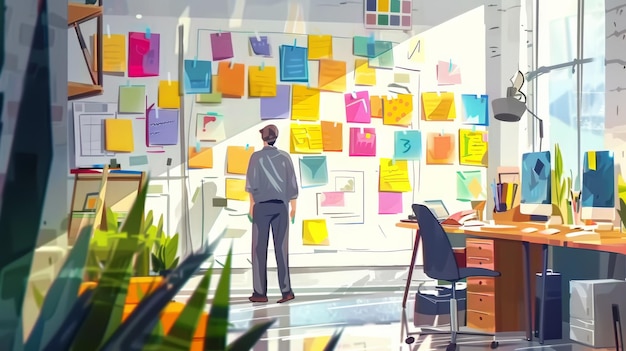 Animated Office Scene with Organized Sticky Notes