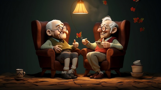 Animated old people talking in an armchair Animated Conversation of Elderly People in an Armchair