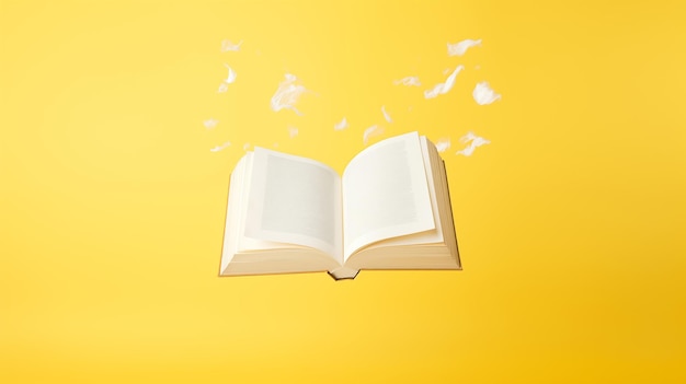 Animated Open Book with Floating Torn Pages on a Yellow Background