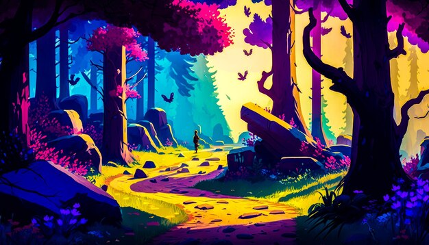 An animated painting of path in the woods Generative AI