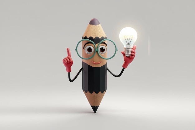 The Animated Pencil With A Bright Idea Holding A Glowing Light Bulb