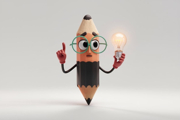 The Animated Pencil With A Bright Idea Holding A Glowing Light Bulb