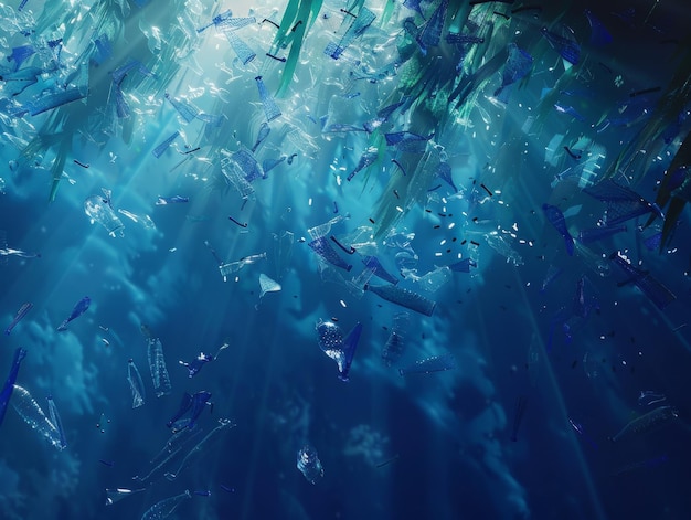 Photo an animated scene of plastic bottles and glasses floating in the ocean with rays of sunlight shining