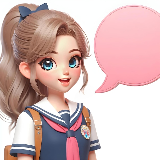 Animated Schoolgirl in Uniform with Logos and Speech Bubble