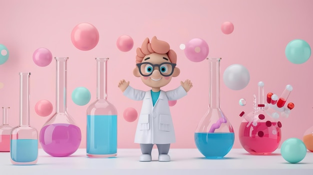 Animated scientist character in a lab with colorful beakers and bubbles against a pink background