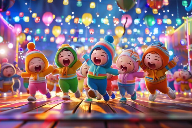 Animated toddlers laugh and dance under colorful lights and balloons at a cheerful party scene