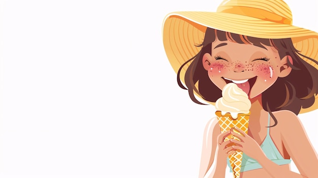 Animated vector of a young girl in a stylish swimsuit and a sun hat happily licking an ice cream cone rendered in a charming style against a plain white background