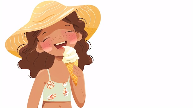 Animated vector of a young girl in a stylish swimsuit and a sun hat happily licking an ice cream cone rendered in a charming style against a plain white background