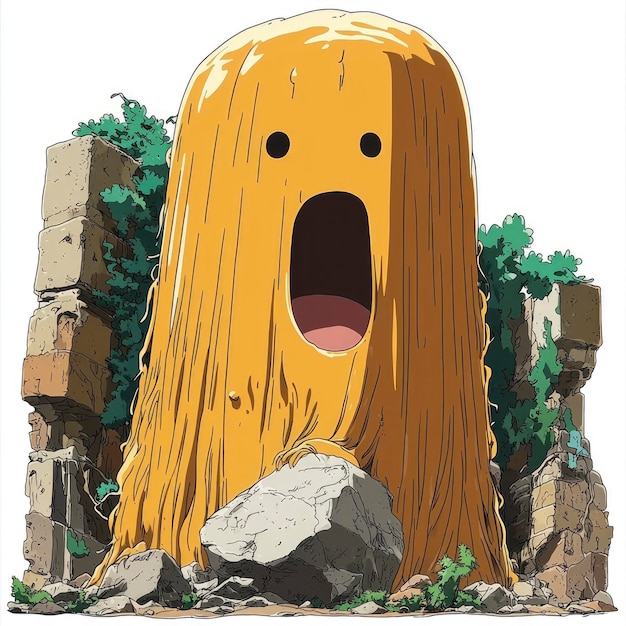 Animated Yellow Monster with Open Mouth and Stone