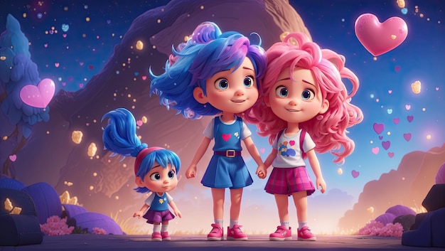 Animated young boy and girl with blue and pink hair