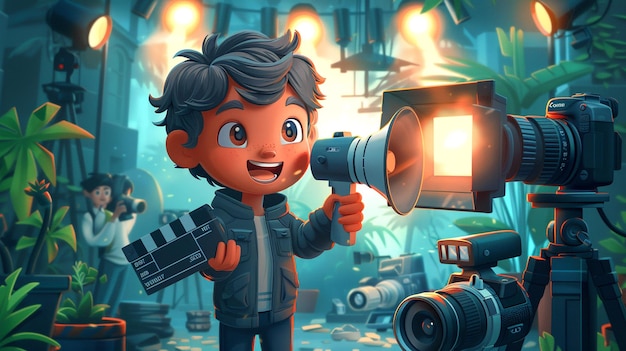 Photo animated young film director on set with camera and megaphone