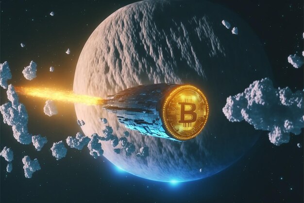 Animation Bitcoin virtual currency with a spaceship leaving the planet earth Ai generated art