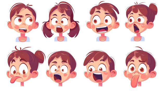 Photo an animation kit of a child avatar with various positions of her lips and tongue during a pronunciation of english alphabet