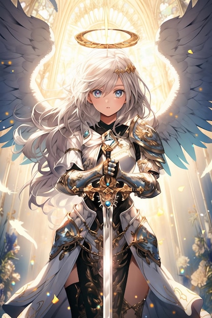 anime angel with sword and armor standing in front of a stained window generative ai