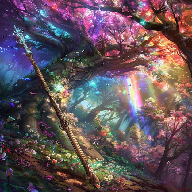 anime art of a forest with a rainbow in the background generative ai