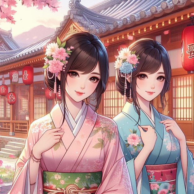 anime Asian young woman anime dressed in kimono