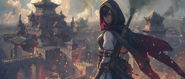 An anime assassin girl stands against the background of a city of the past AI generated image