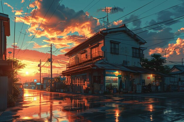 anime background afternoon scene landscape with house