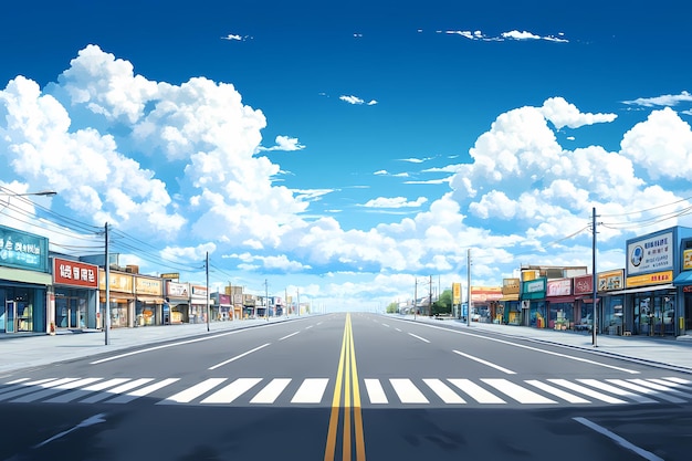 Photo anime background city road scene with beautiful sky