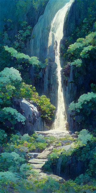 Anime background of a waterfall in the forest