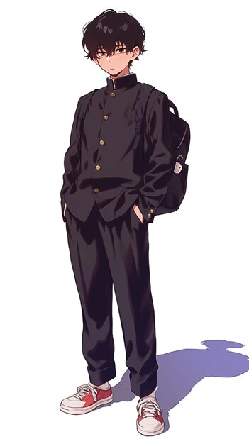 Anime boy in black uniform with backpack standing in front of white background