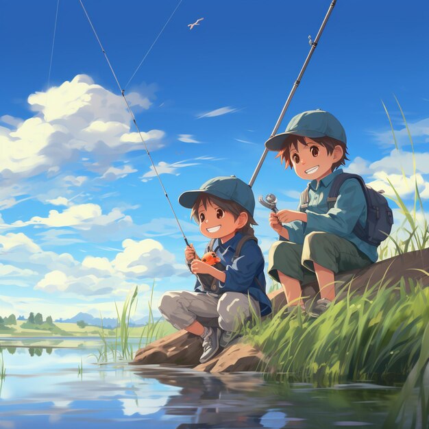 anime boy and girl fishing on a river bank with a blue sky generative ai