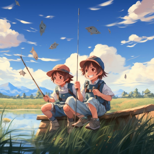 anime boy and girl sitting on a boat fishing in a lake generative ai