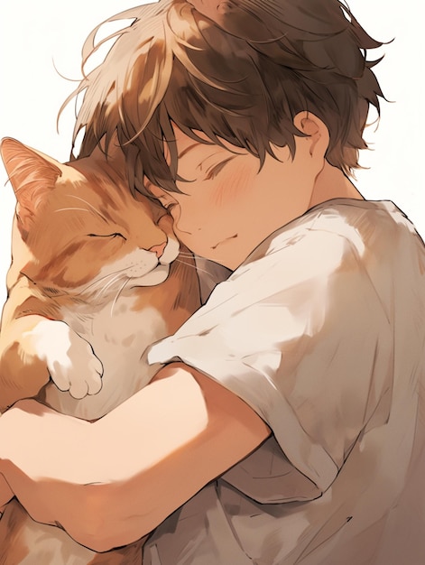 Anime boy hugging a cat with his eyes closed generative ai