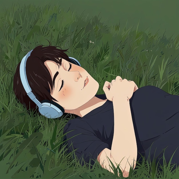 anime boy laying in the grass listening to music _Ai generated