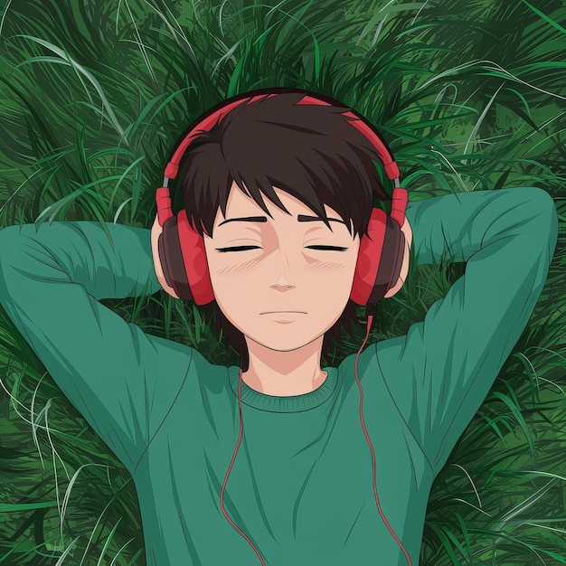 anime boy laying in the grass listening to music _Ai generated