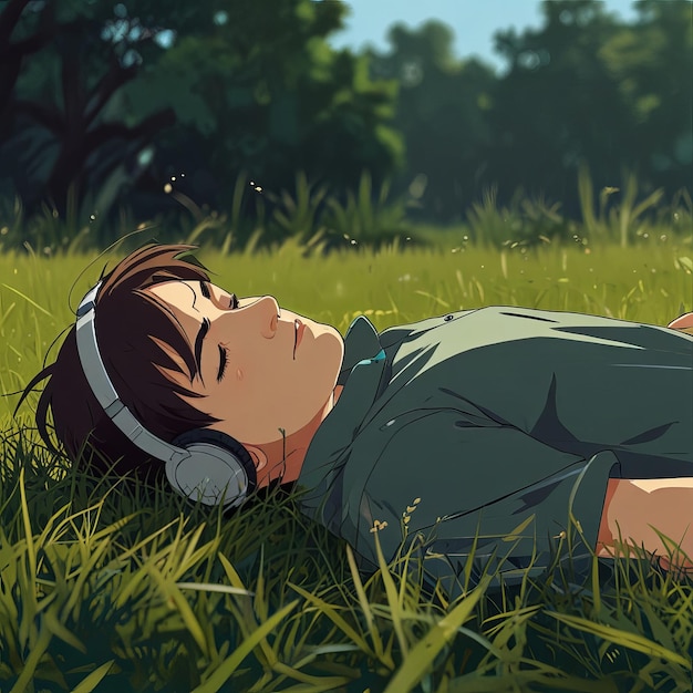 anime boy laying in the grass listening to music _Ai generated